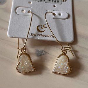 White Opal Druzy Heart Threader Earrings, Women's Sparkly Gold Tone Long Dangles